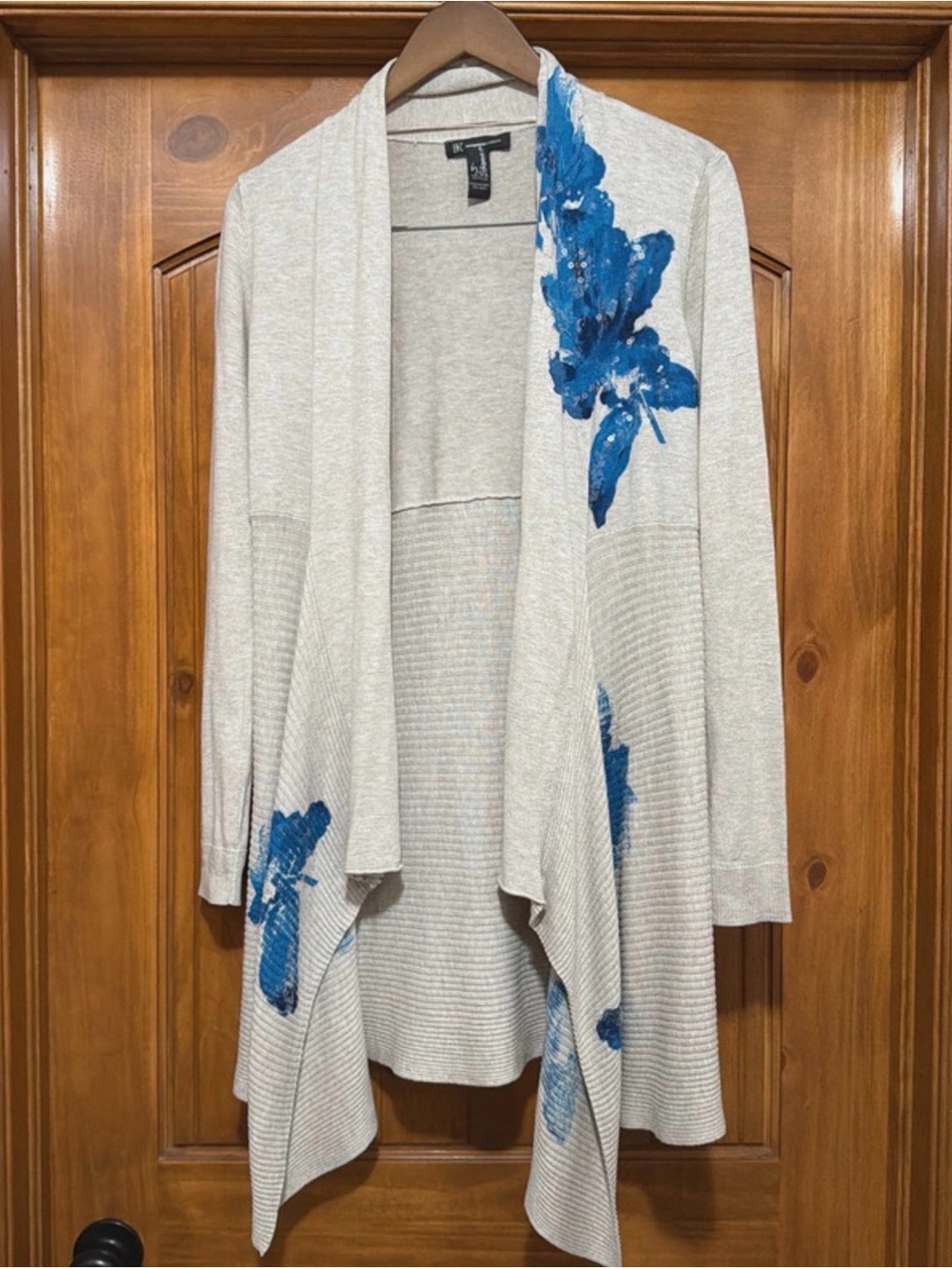 INC International Concepts Beige & Blue Floral Open Front Drapes Cardigan- Large